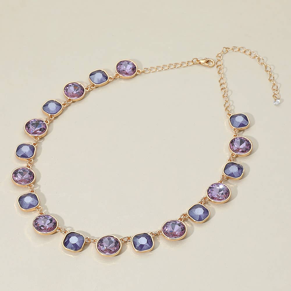 Round Square Stone Bezel Cluster Link Necklace: Light Pink