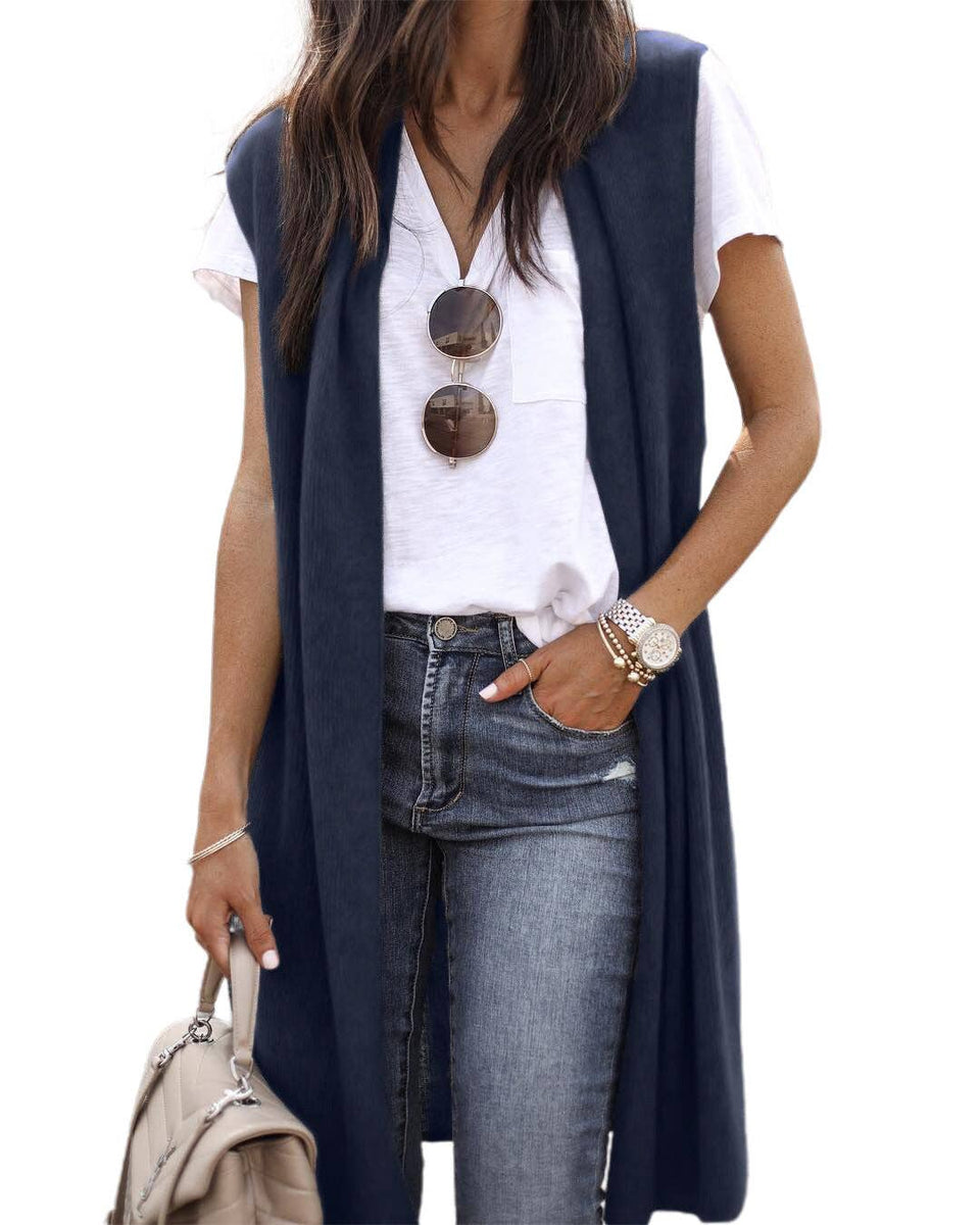 Trendy Longline Sleeveless Cardigan Vest for Women: Purple / L