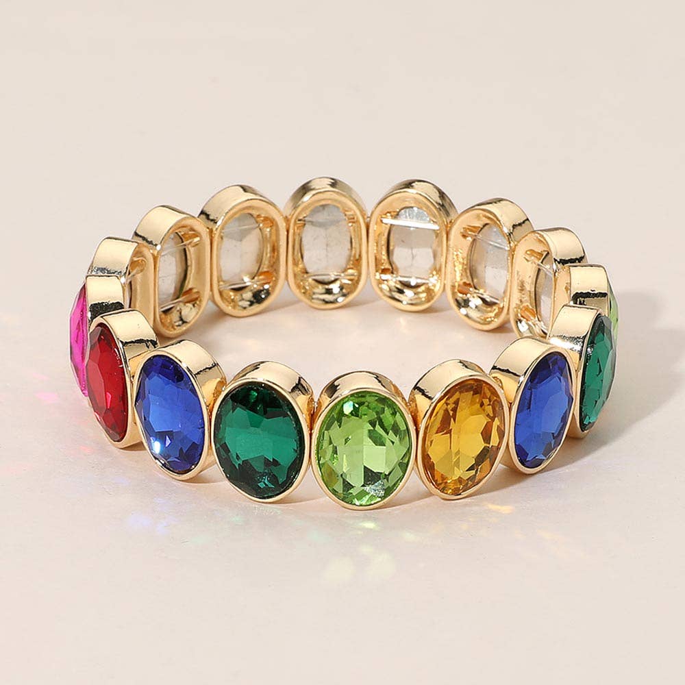 Oval Faceted Stone Beaded Stretch Evening Bracelet: Light,Multi