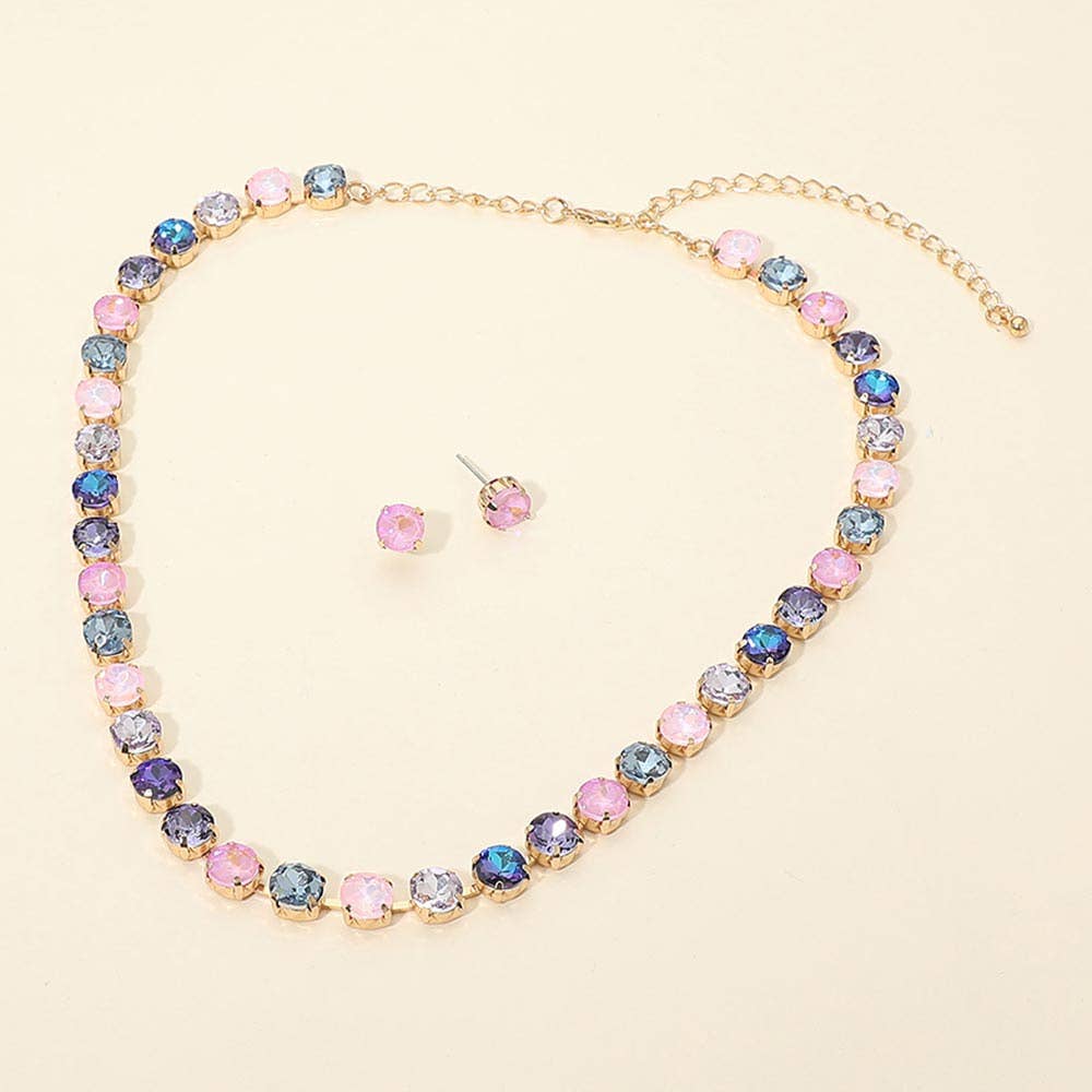 Round Stone Cluster Link Tennis Chain Evening Necklace: Gold,Multi