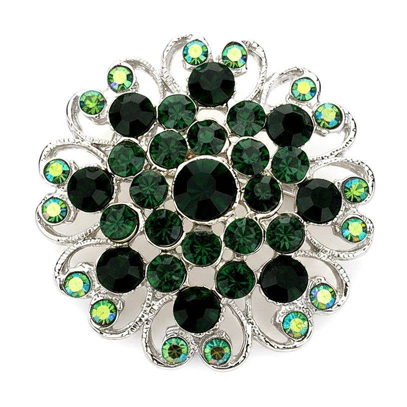 Blooming Flower Rhinestone Brooch Pin: Silver-Fuchsia