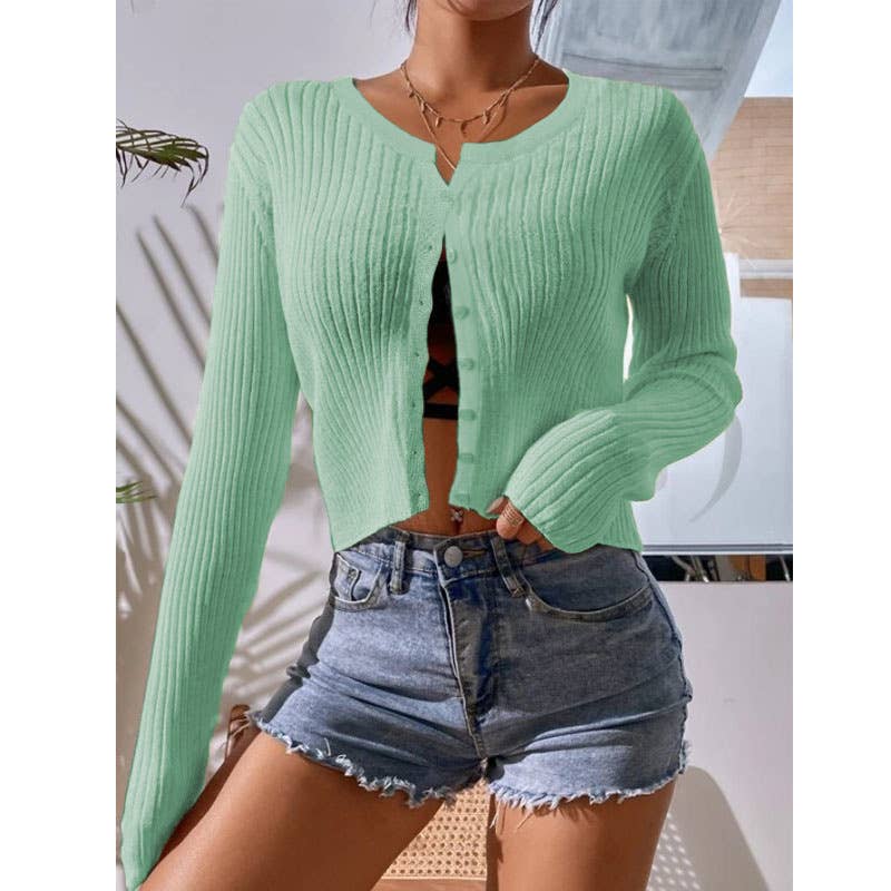 Thin Slim-Fit Vertical Lines Short Cardigan: Green / M