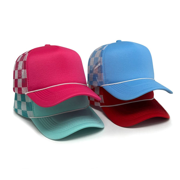Checkerboard Mesh Trucker Hat Baseball Cap: Red