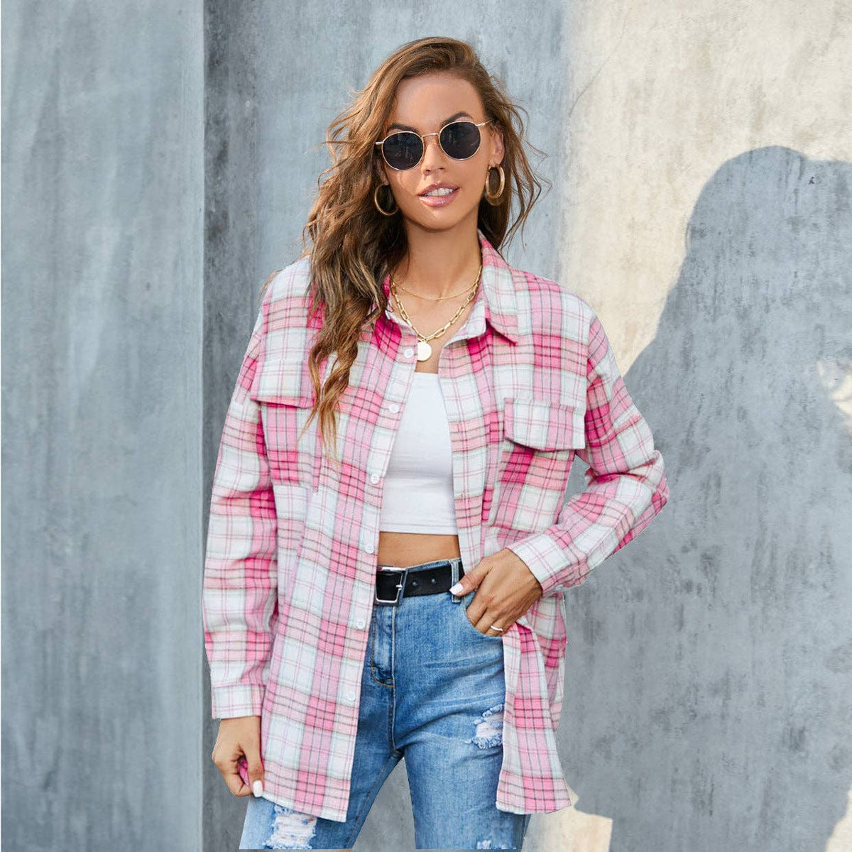 Plaid Button-Up Shirt Jacket: Pink / L