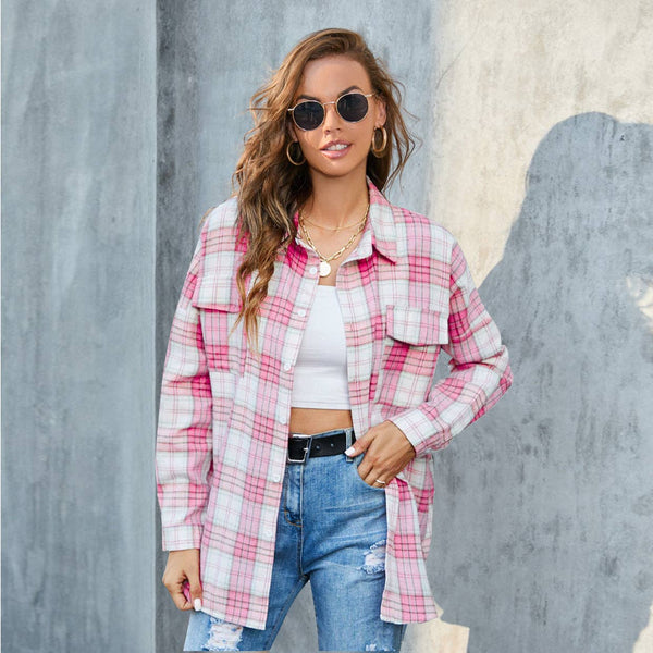 Plaid Button-Up Shirt Jacket: Pink / L