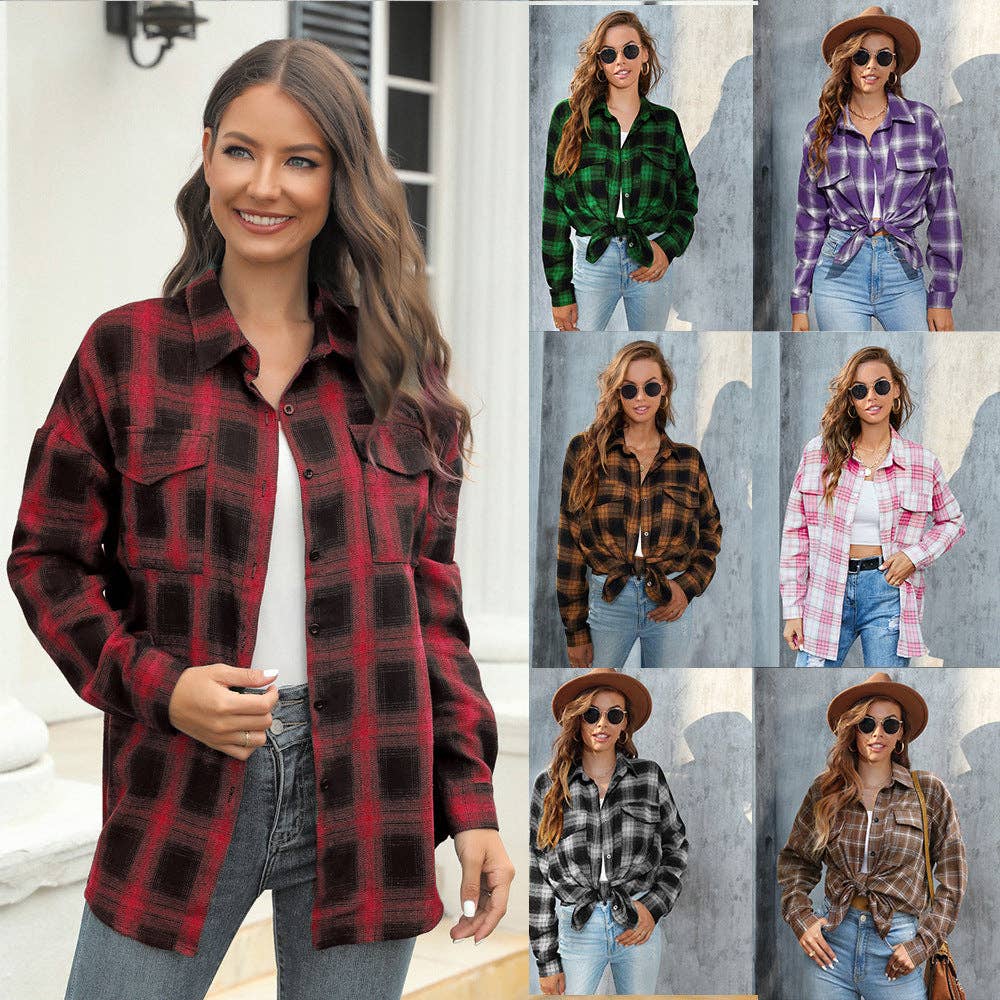 Plaid Button-Up Shirt Jacket: Pink / L
