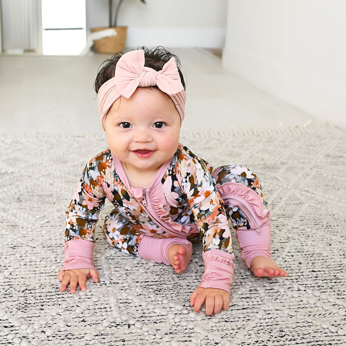 Palmer RUFFLE ZIP Bamboo Floral One Piece Baby Outfit: 3-6m