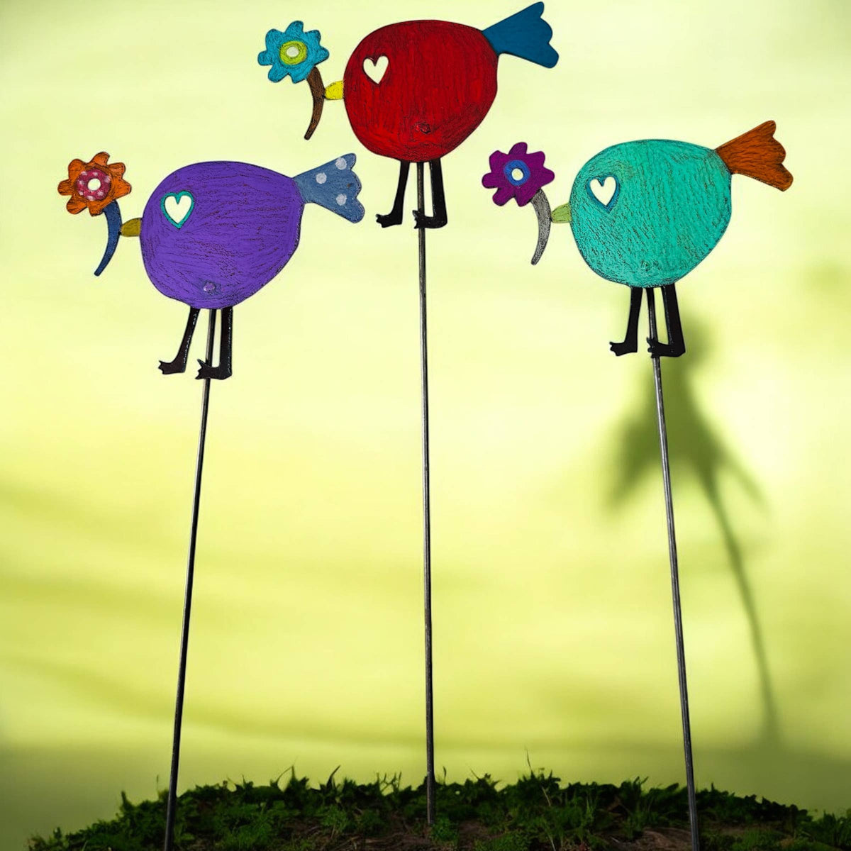 Bird flower plant stake garden lawn stake hippie rustic