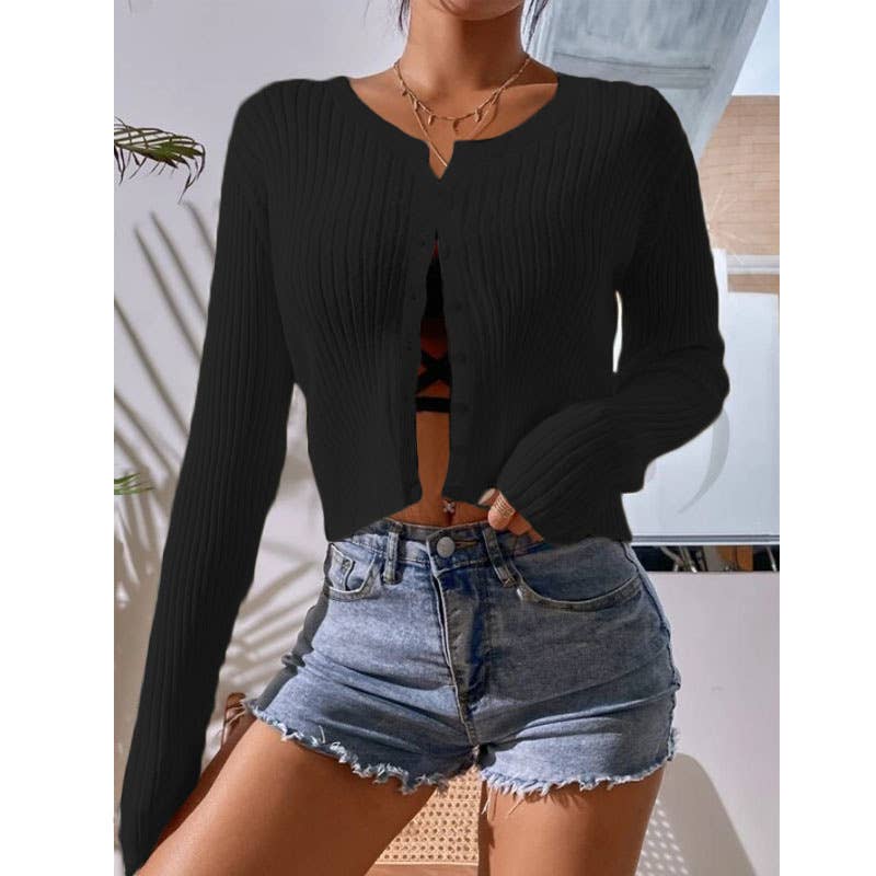 Thin Slim-Fit Vertical Lines Short Cardigan: Green / M