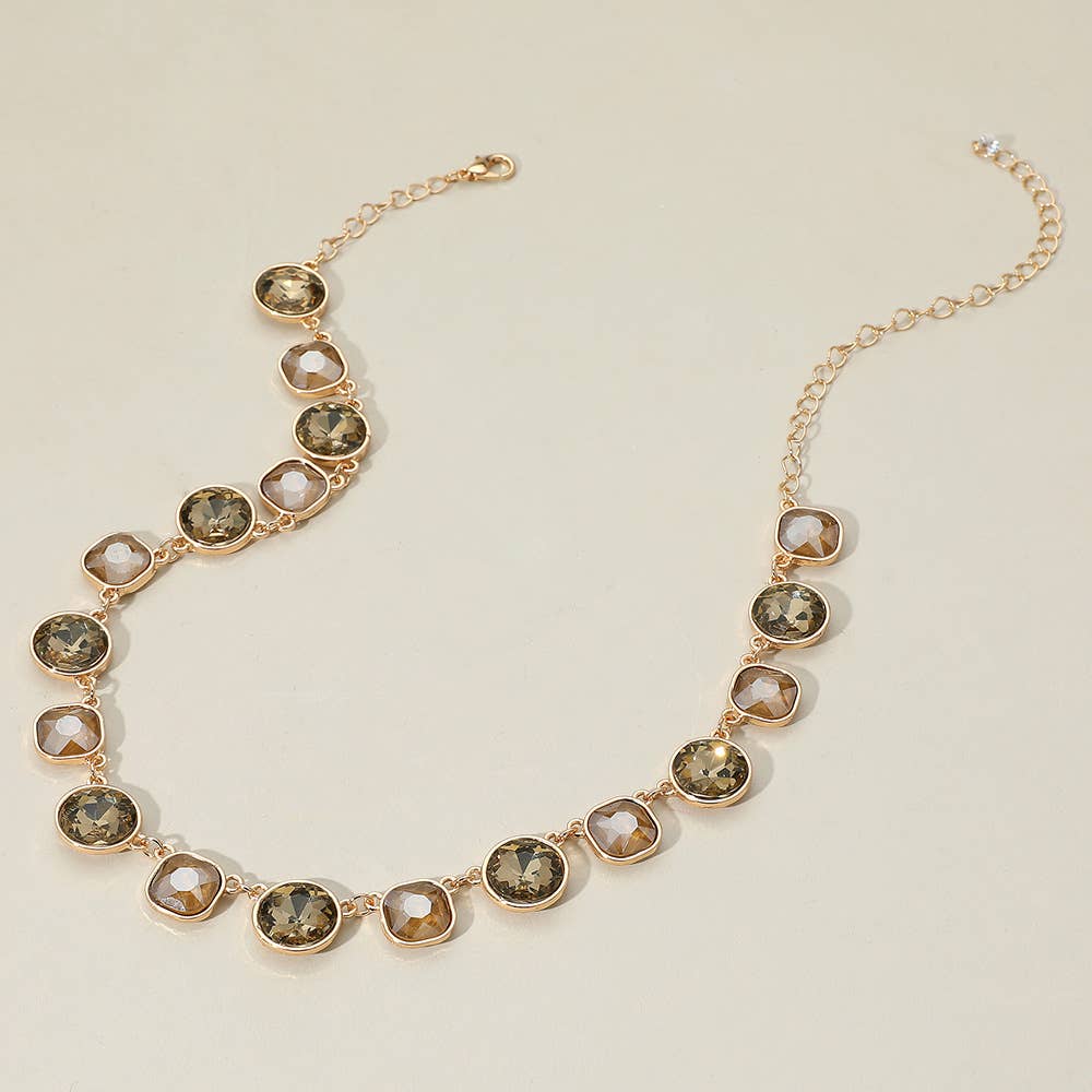 Round Square Stone Bezel Cluster Link Necklace: Clear