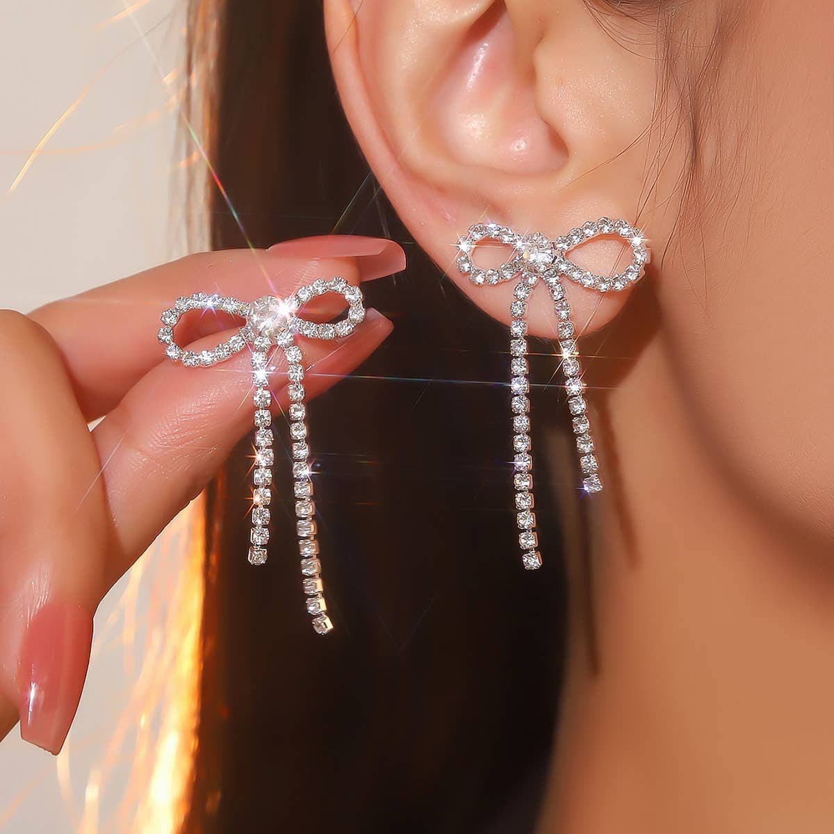 Shiny Diamond Bow Tassel Earrings