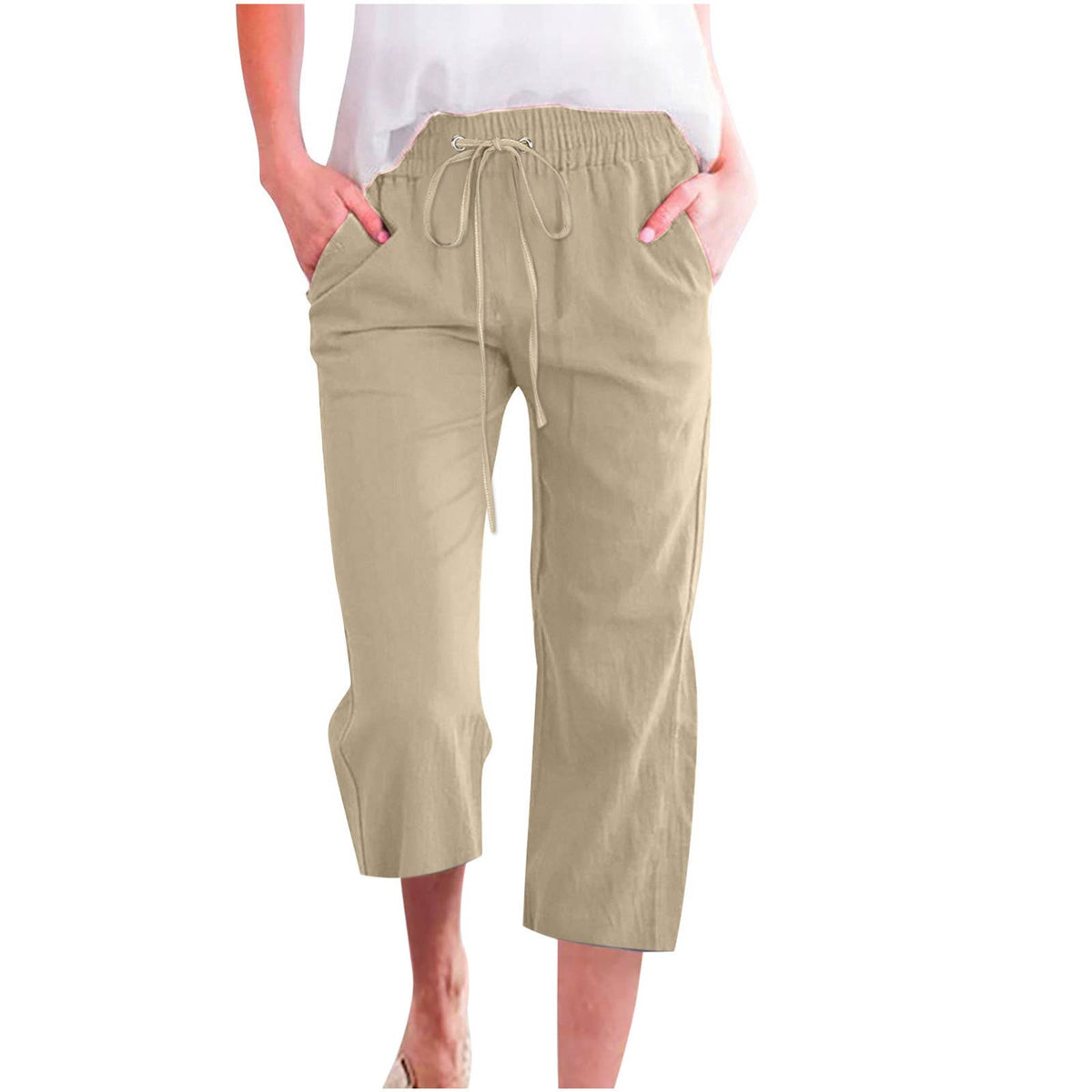 Casual Cropped Pants with Drawstring Waist and Pockets: DarkBlue / L