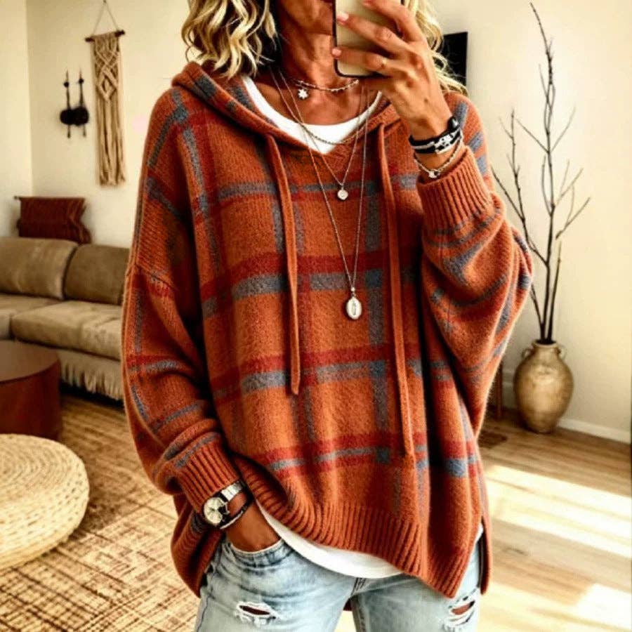 Plaid Hooded Oversized Knit Pullover Sweater: Blue
