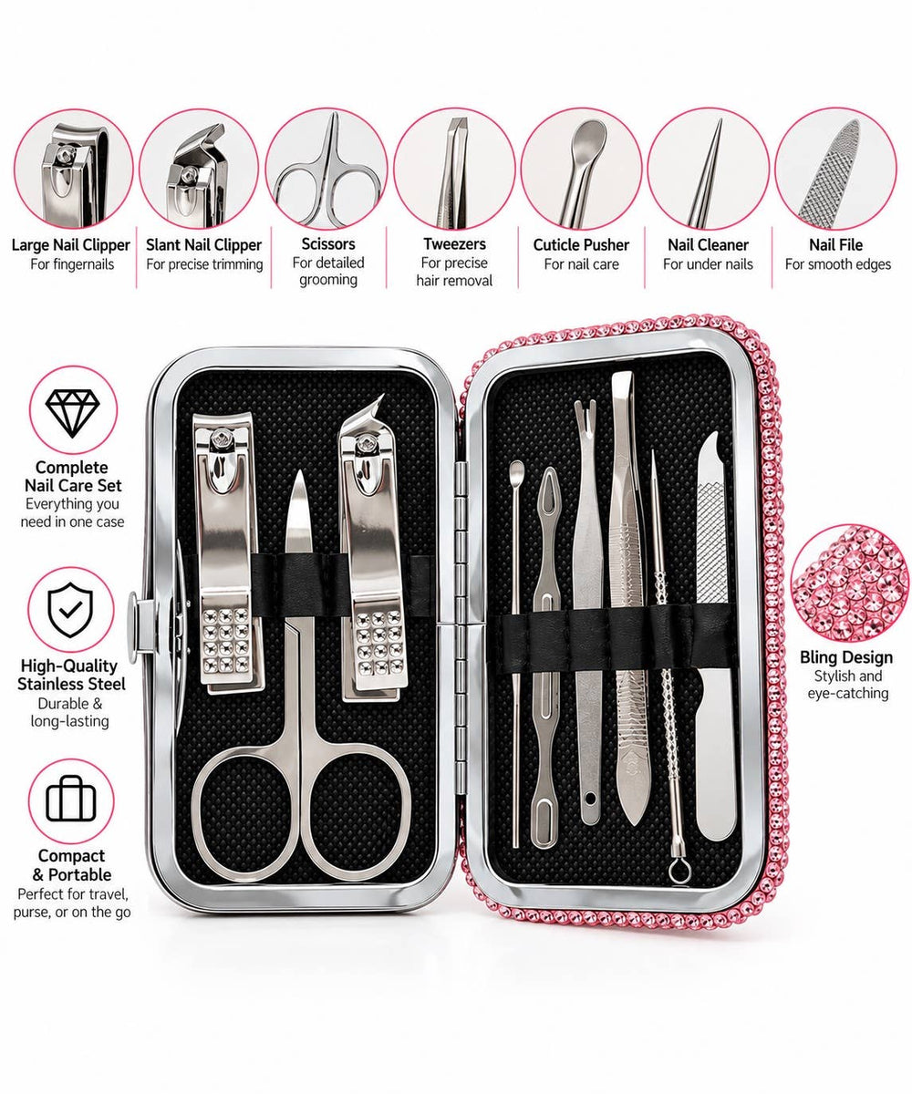 Rhinestone Manicure & Nail Travel Set: Pink Mix