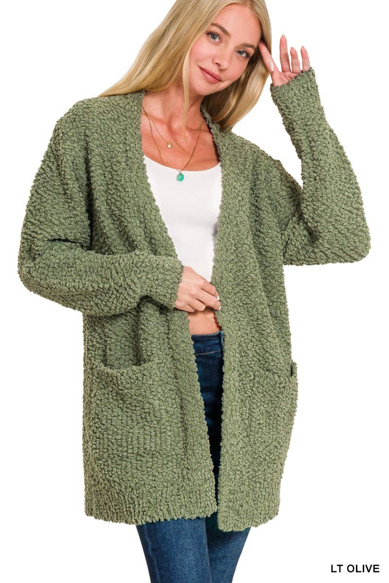 Long Sleeve Popcorn Sweater Cardigan With Pockets: BROWN / 1-1-1-1 (S-M-L-XL)