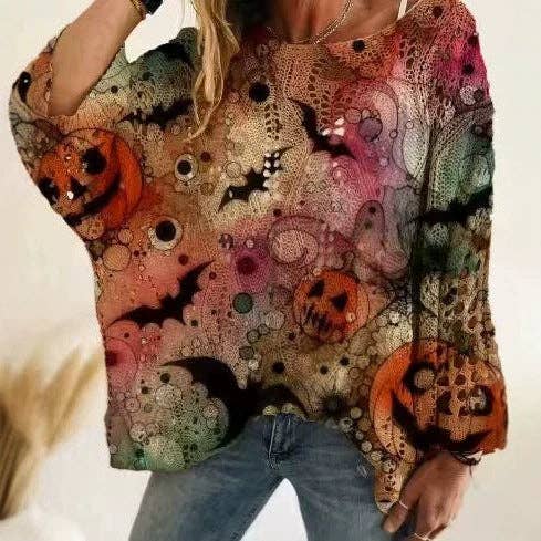 Off Shoulder Crochet Halloween Pumpkin Bat Sweater: Bat Pumpkin size MEDIUM