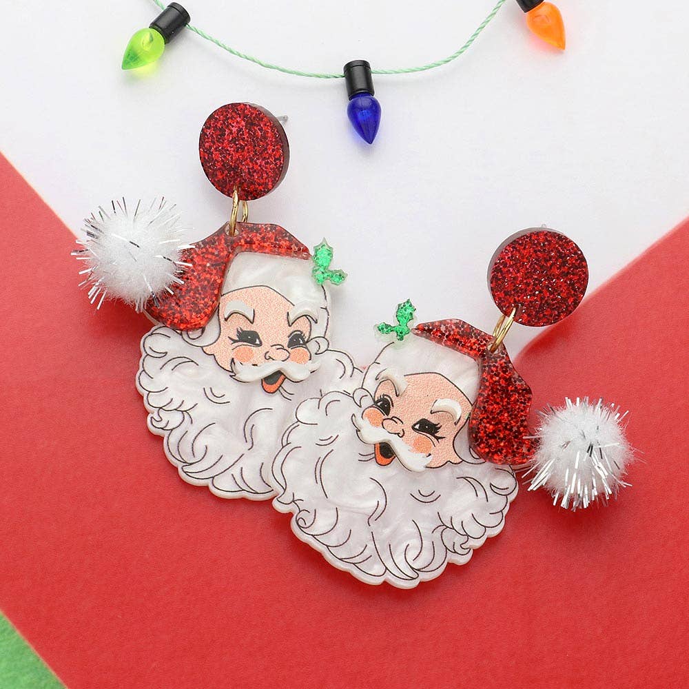 Glittered Resin Pom Santa Dangle Earrings: Pink