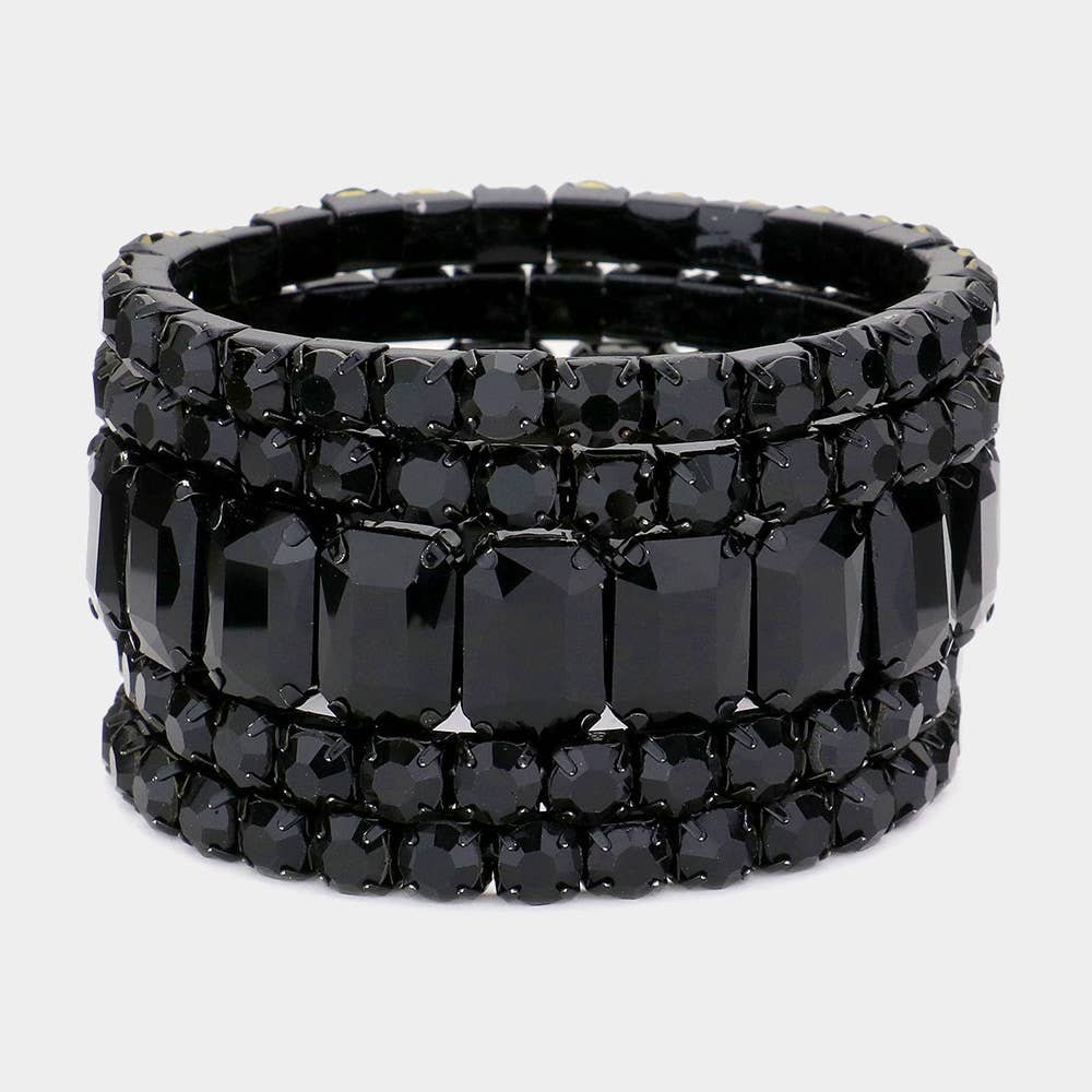 5PCS - Emerald Cut Round Stone Stretch Evening Bracelets: GOLD CLEAR