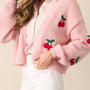 Cherry Embroidery Pink Sweater Cardigan
