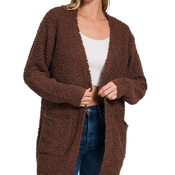 Long Sleeve Popcorn Sweater Cardigan With Pockets: BROWN / 1-1-1-1 (S-M-L-XL)