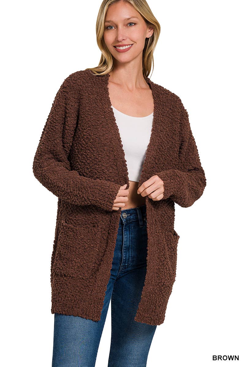 Long Sleeve Popcorn Sweater Cardigan With Pockets: ASH JADE / 1-1-1-1 (S-M-L-XL)