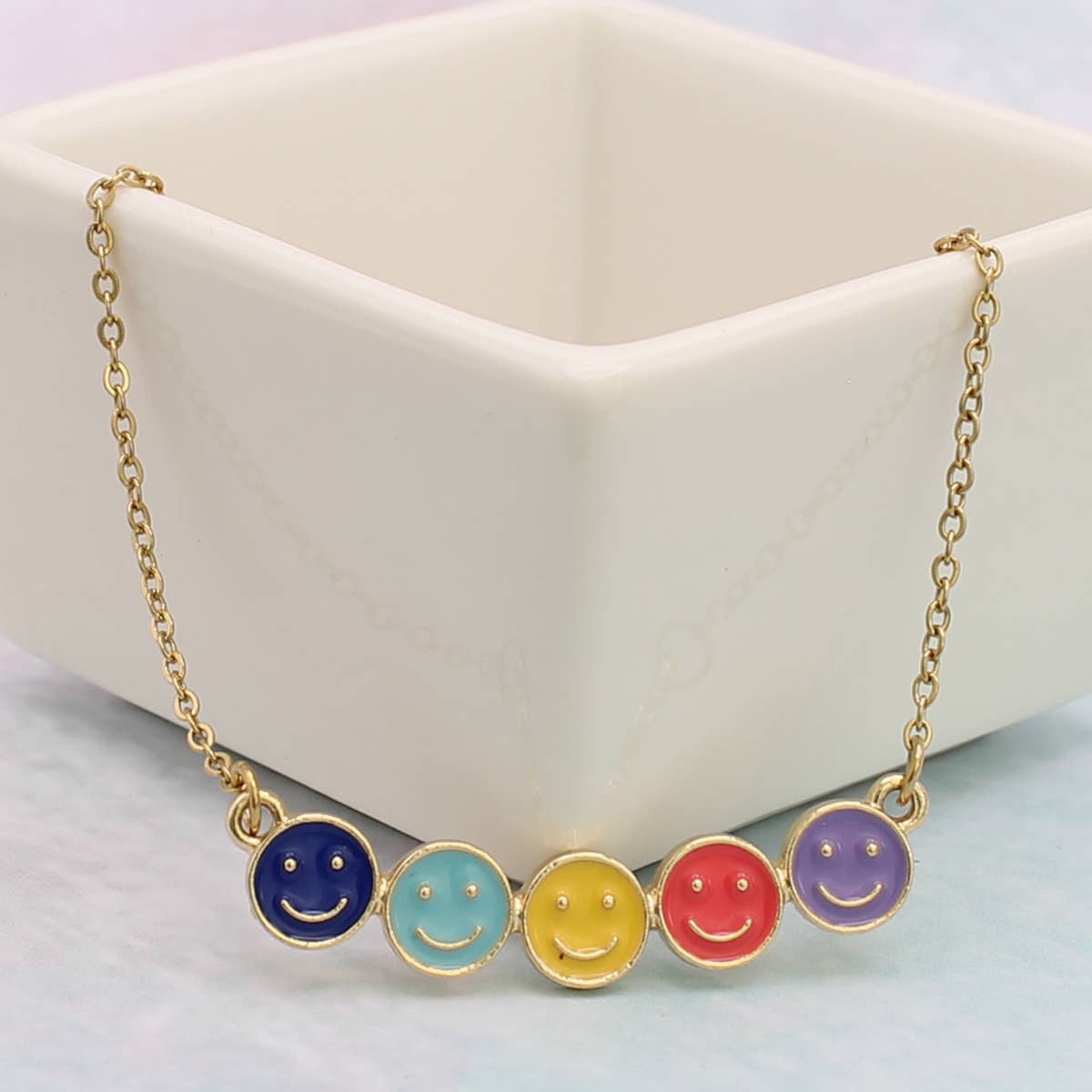 Multi Happy Face Bar Gold Necklace