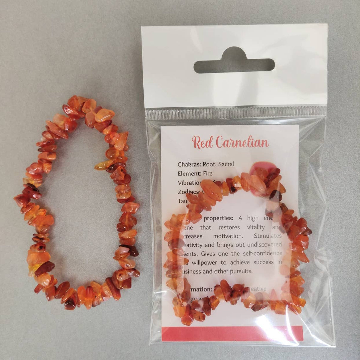 Chip Gemstone / Crystal Stretch Bracelet with FREE Info Card: Red Carnelian