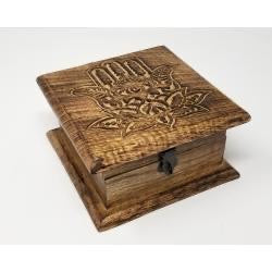 Lotus Hamsa Hand Carved Wood Box 6x6"