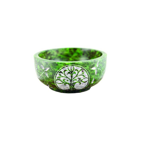 Green Tree of Life Hand Carved Stone Smudge Bowl 4"