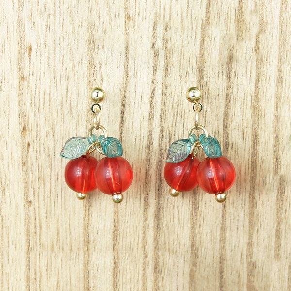 Twin Cherries Gold Post Earrings