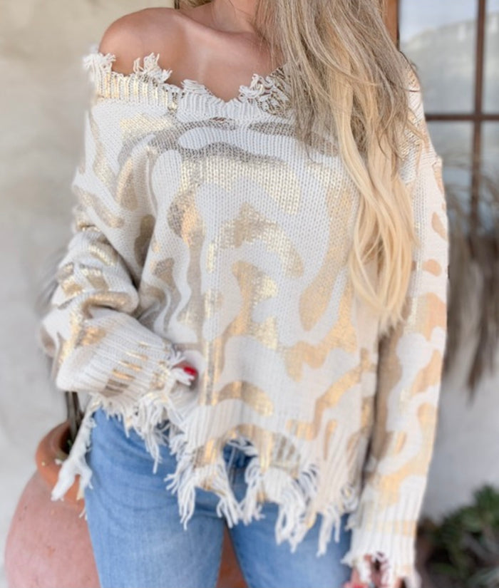 Gold animal foil distressed sweater