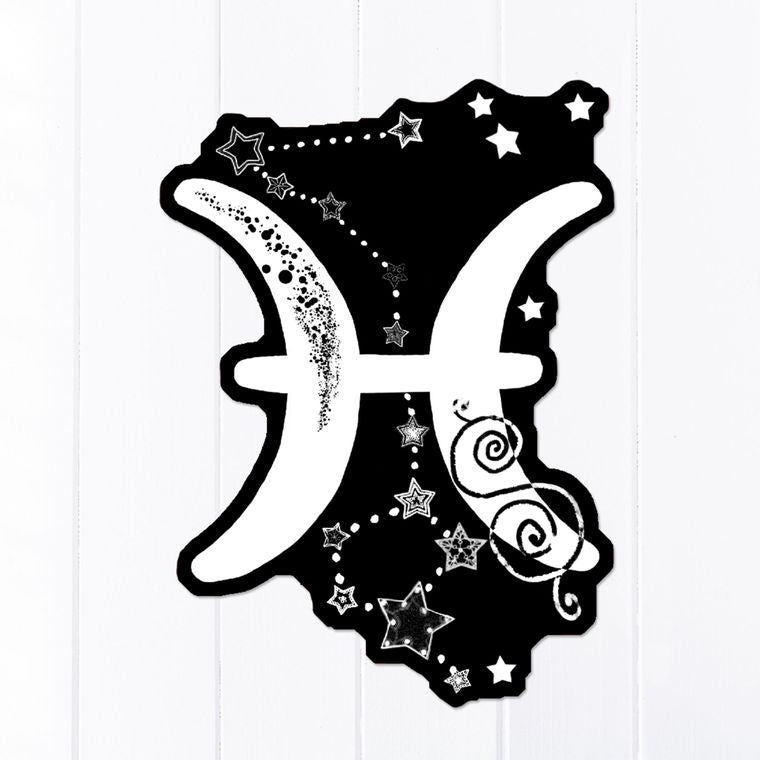 Pisces Symbol and Constellation Vinyl Sticker, Black Background, Zodiac Sticker